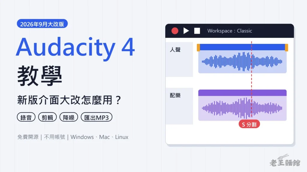 淺灰色封面，左側大字寫著Audacity 4教學與新版介面大改怎麼用，右側是兩條音軌的示意畫面，人聲和配樂片段上有一條紅色的S分割虛線。