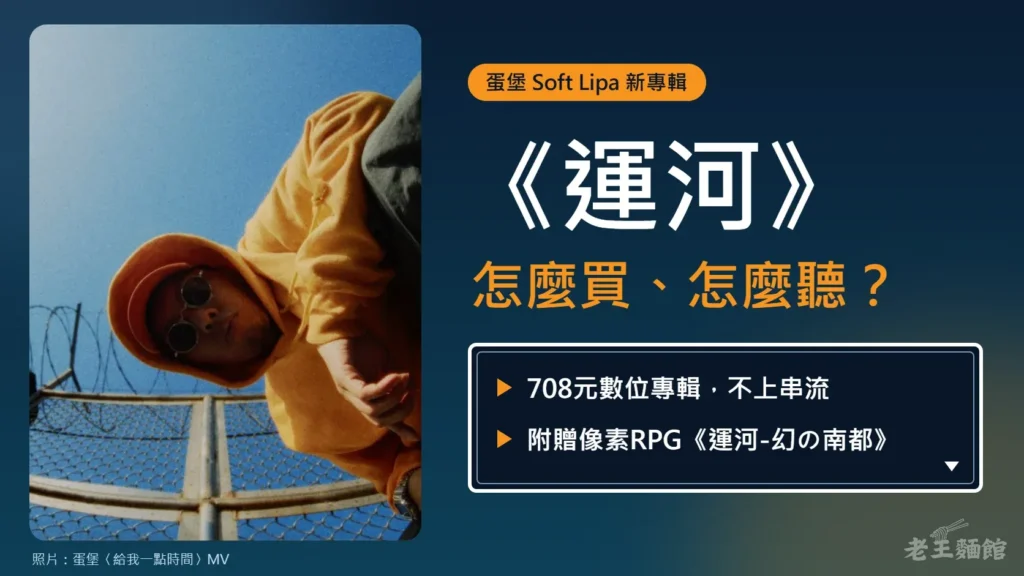 深藍色封面，左邊是蛋堡〈給我一點時間〉MV的畫面，他戴圓框墨鏡、穿橘色連帽衫，在藍天和鐵絲網前低頭看向鏡頭；右邊寫著蛋堡Soft Lipa新專輯、《運河》、怎麼買、怎麼聽，下方像遊戲對話框的方塊寫著708元數位專輯不上串流，以及附贈像素RPG《運河-幻の南都》。