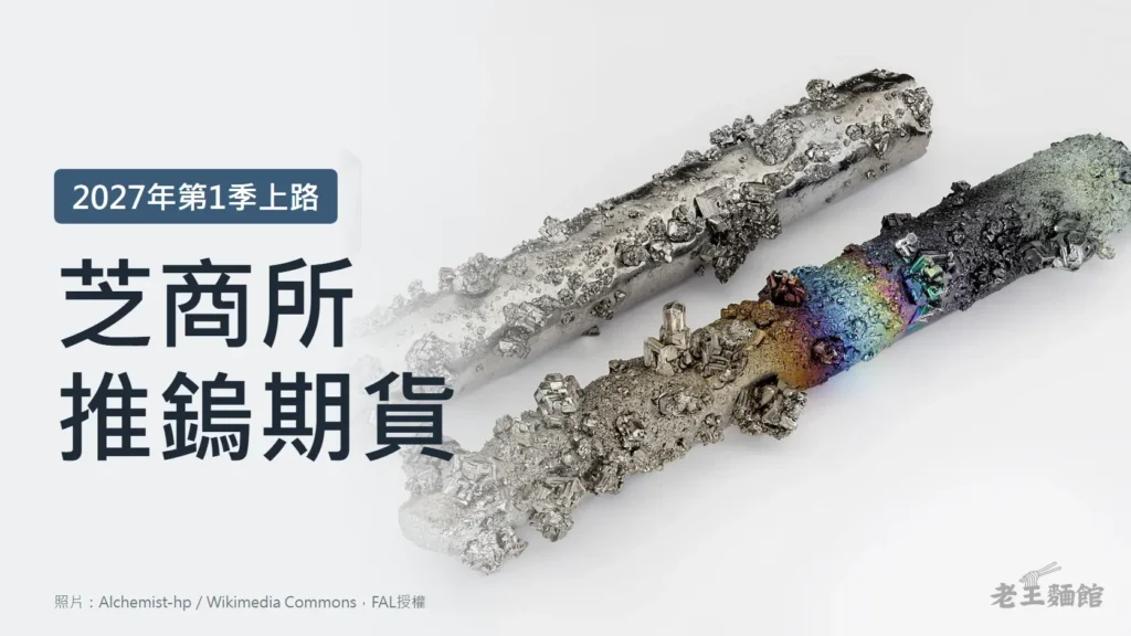 淺灰色封面，右側是兩根表面長滿結晶的鎢棒與一顆鎢金屬方塊，其中一根鎢棒帶有藍紫色氧化光澤；左側大字寫著芝商所推鎢期貨，上方標籤寫2027年第1季上路。