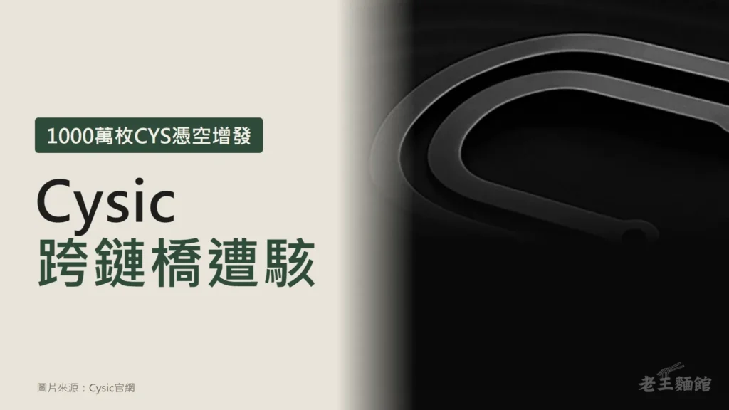 左側淺米色底寫著Cysic跨鏈橋遭駭，上方綠色標籤寫著1000萬枚CYS憑空增發；右側是Cysic官網的黑色主視覺，畫面中央是兩道立體的C形線條。