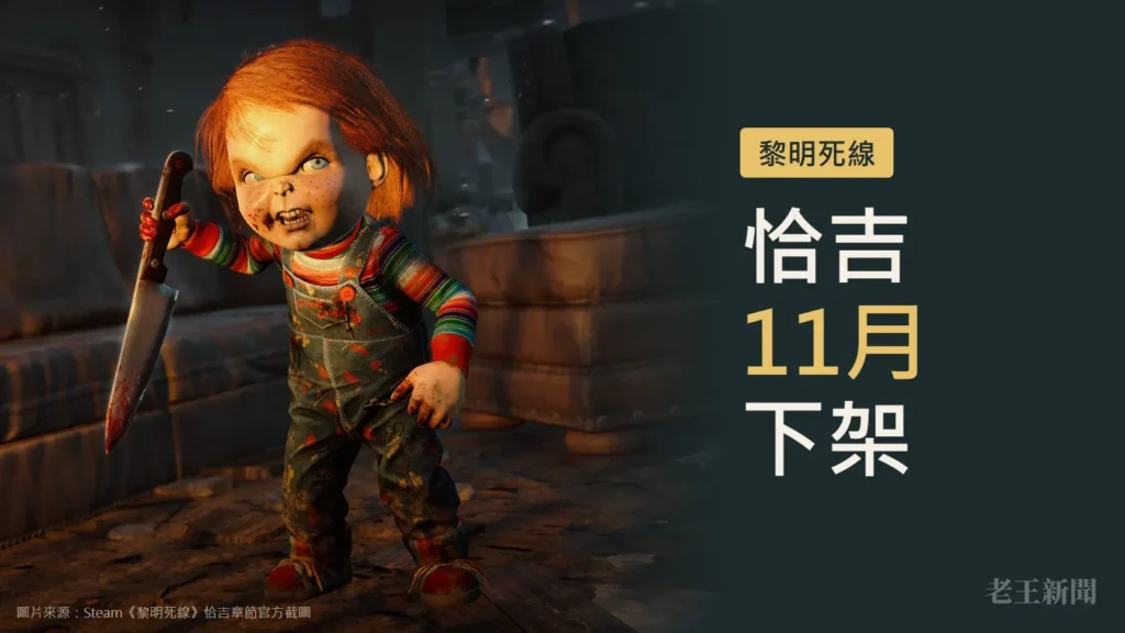 《黎明死線》遊戲畫面裡的恰吉,紅髮、穿條紋上衣與吊帶褲,右手握著帶血的菜刀站在破舊沙發前;右側深綠色塊上寫著黎明死線、恰吉11月下架。