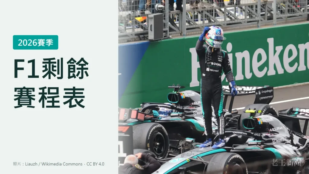 淺灰綠底封面，左側大字寫著F1剩餘賽程表，上方綠色標籤寫2026賽季；右側是賓士車手Antonelli身穿黑色賽車服、戴頭盔，站在賓士賽車上舉拳慶祝。