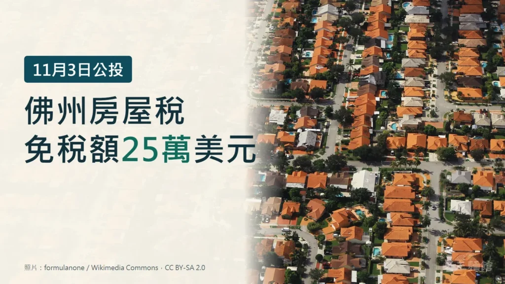 左側米白色底寫著11月3日公投、佛州房屋稅、免稅額25萬美元;右側是從空中俯拍的邁阿密西邊住宅區,一排排橘色瓦片屋頂的獨棟房屋與後院泳池。