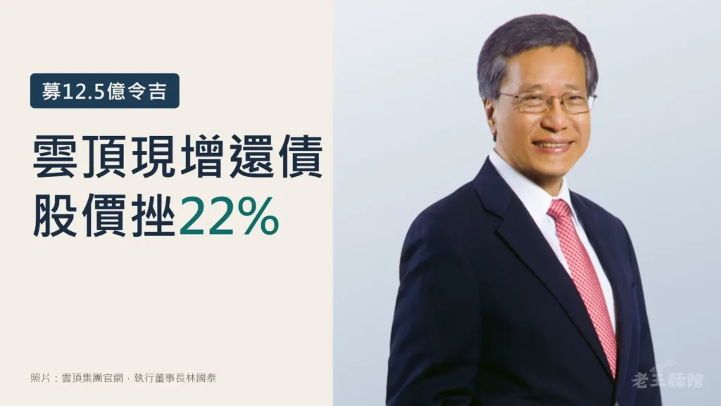 米白與淺灰藍雙色封面，左側大字寫著雲頂現增還債、股價挫22%，上方標籤寫募12.5億令吉；右側是雲頂集團執行董事長林國泰穿深藍西裝、繫粉紅領帶微笑的官方肖像。