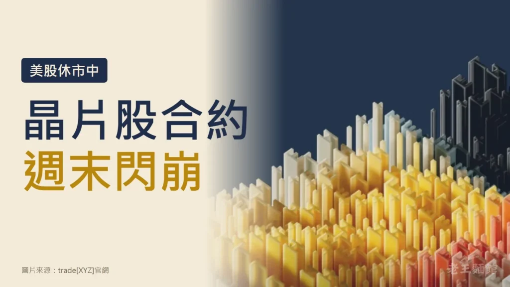 米色封面，左側深藍大字寫著晶片股合約、週末閃崩，上方標籤寫美股休市中；右側是trade[XYZ]官網主視覺裡高低起伏的立體柱狀圖。