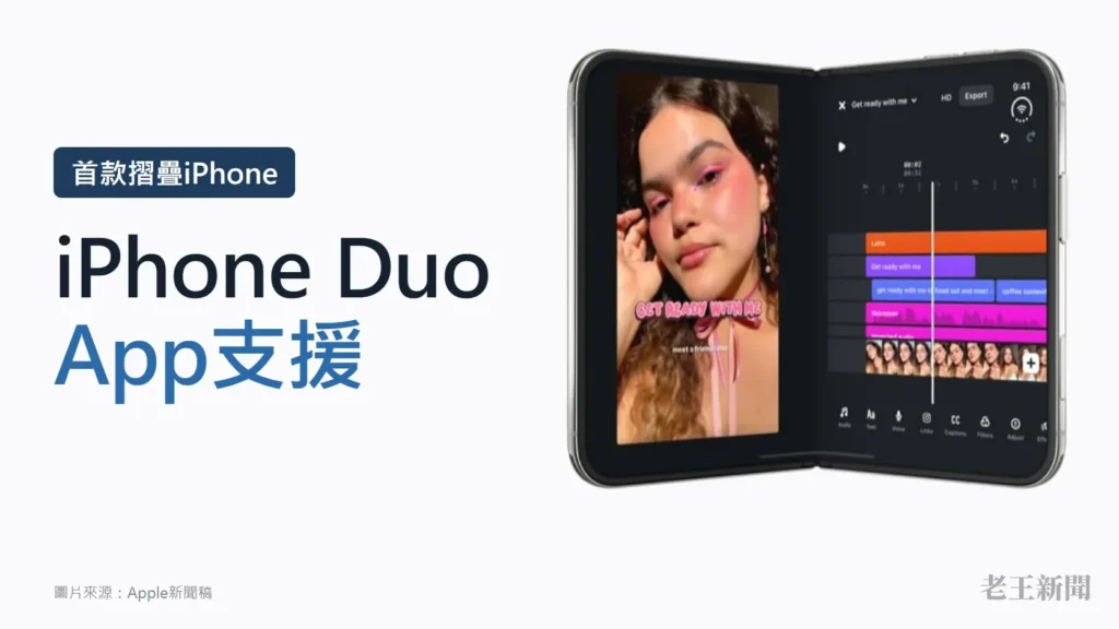 淺灰底封面,左側深藍標籤寫著首款摺疊iPhone,大字寫著iPhone Duo App支援;右側是打開的iPhone Duo,左半螢幕是自拍影片,右半螢幕是剪輯時間軸。