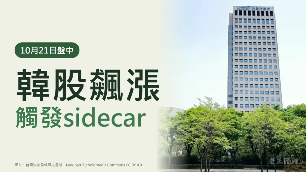 淺綠色封面，左側深綠大字寫著韓股飆漲、觸發sidecar，上方標籤寫10月21日盤中；右側是首爾汝矣島韓國交易所大樓，樓前是一排綠樹。