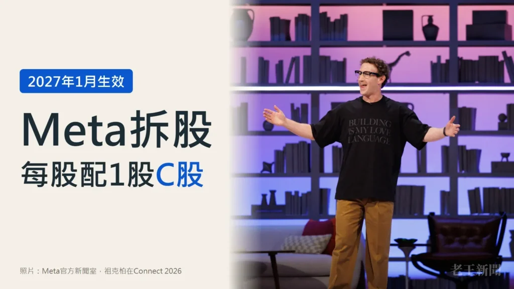 淺米色封面,左側大字寫著Meta拆股、每股配1股C股,上方藍色標籤寫2027年1月生效;右側是祖克柏穿黑色上衣在Connect 2026舞台上張開雙臂,背景是紫粉色燈光的書架。