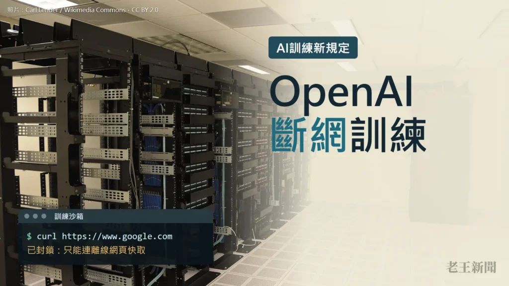 一排黑色伺服器機櫃延伸到房間深處，右側米色背景寫著OpenAI斷網訓練，左下角的終端機視窗顯示連往google.com的指令被封鎖，只能連離線網頁快取。