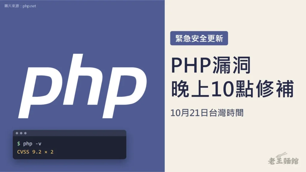 淺米色封面，左半是PHP官方藍紫色底的白色php字樣，左下角是一個終端機視窗，寫著php -v與CVSS 9.2 × 2；右側深藍大字寫著PHP漏洞、晚上10點修補，上方標籤寫緊急安全更新，下方小字寫10月21日台灣時間。