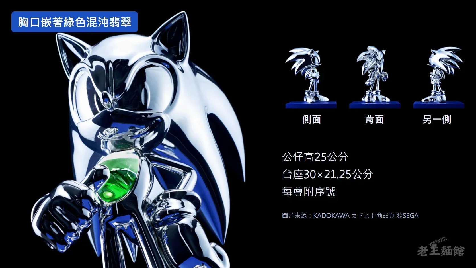 黑底圖片，左側是索尼克DNA公仔的胸口特寫，綠色混沌翡翠嵌在胸前，標籤寫著胸口嵌著綠色混沌翡翠；右側是公仔側面、背面、另一側三張小圖，下方寫著公仔高25公分、台座30×21.25公分、每尊附序號。
